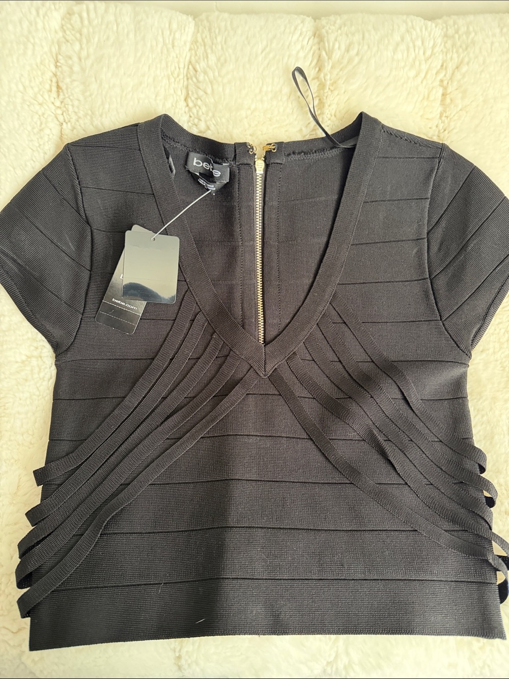 bebe Black V-Neck Bandage Crop Top with Strap Detail
